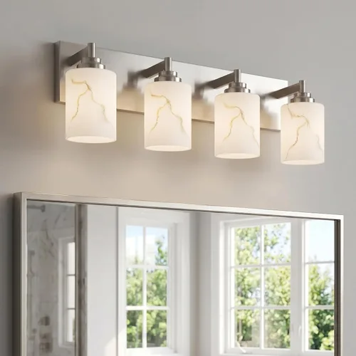 Vista 19 de Juego de 2 apliques de pared dorados con pantalla de vidrio de mármol, accesorios modernos de tocador de baño para dormitorio, pasillo, entrada