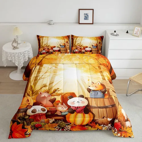 Vista 46 de Erosebridal Juego de edredón individual de pavo de Acción de Gracias, juego de ropa de cama de calabaza con hojas de otoño para niños y adultos