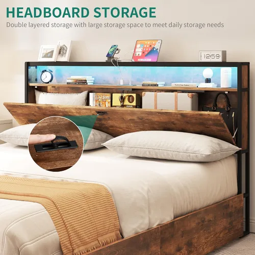 Vista 6 de YITAHOME Base de cama tamaño King con cabecera de almacenamiento, cama de plataforma con 4 cajones, marco de cama LED con puertos USB y salidas