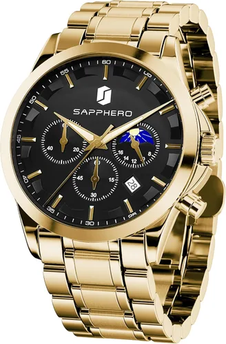 Vista 16 de SAPPHERO Relojes para hombre, cronógrafo, de acero inoxidable, impermeable, cuarzo, para negocios, casual, reloj de vestir para hombre, fecha Negro