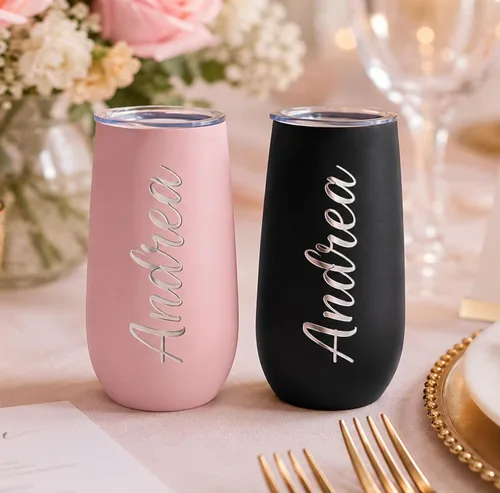 Vista 4 de Vaso de champán personalizado para dama de honor, boda, cumpleaños, con tapa, acero inoxidable, 6 onzas