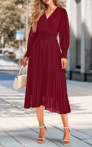 Vista 8 de PRETTYGARDEN Vestidos cruzados con cuello en V para mujer, para invitados de boda, casual, plisado, manga larga, vestido largo fruncido con volantes