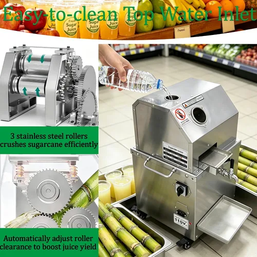 Vista 2 de TECHTONGDA Exprimidor eléctrico comercial de caña de azúcar, prensa de caña de azúcar, 3 rodillos Extractor de jugo de caña de azúcar de acero
