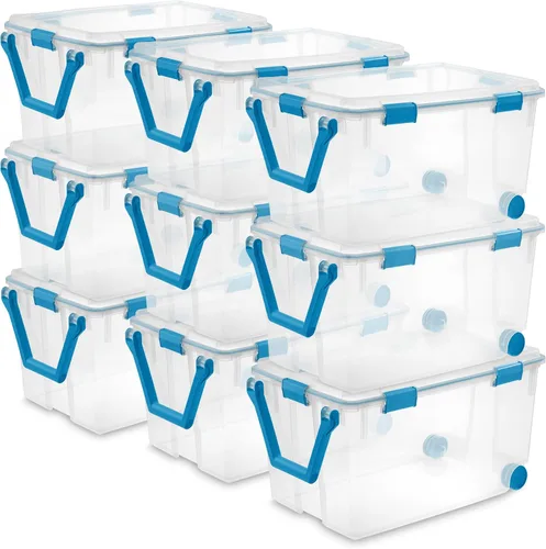 Vista 38 de Sterilite 19414306 - Caja de almacenamiento de plástico transparente de 7.5 cuartos y tapa con pestillos azules