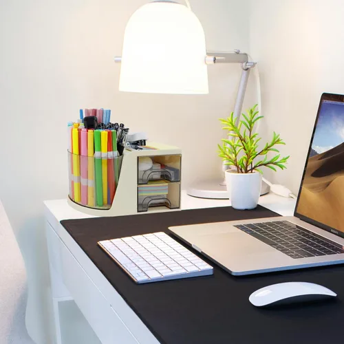 Vista 6 de Organizador de Escritorio con Soporte Giratorio para Lápices y Bolígrafos y 2 Cajones Pequeños, Caddy de Escritorio para Organización y Beige