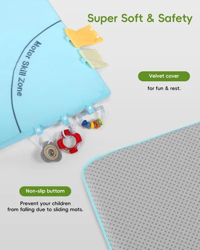 Vista 5 de Alfombra de juego para bebé, alfombrillas únicas para gatear con 4 zonas de desarrollo sensorial para habilidades motoras, alfombrillas de 50 x 50