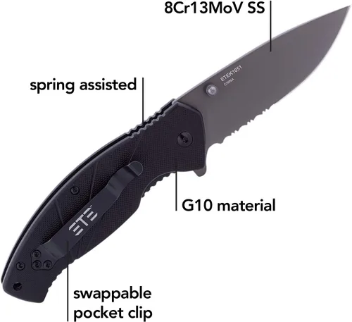 Vista 4 de ETEK1051 ETE EDC Workhorse 3.2" Combo Abridor asistido, cuchillo de mango G-10