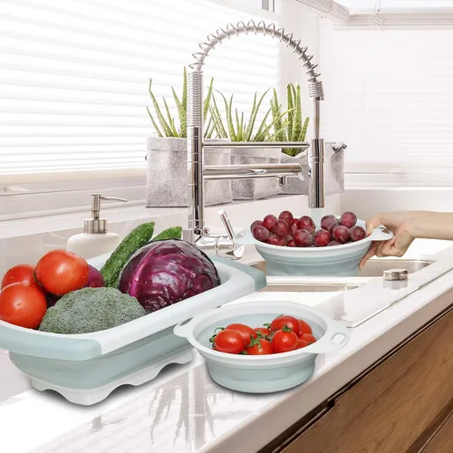 Vista 5 de Colador plegable, colador de cocina, colador plegable con asas extensibles para drenar verduras, pasta, frutas, incluye 6, colador plegable de 4