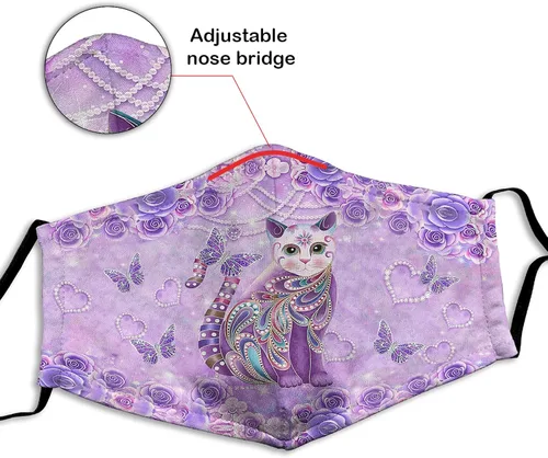 Vista 3 de 1 unids colorido gato y diamantes de imitación 3D impreso tela máscara facial con alambre de nariz para mujeres, hombres adultos amantes de gatos