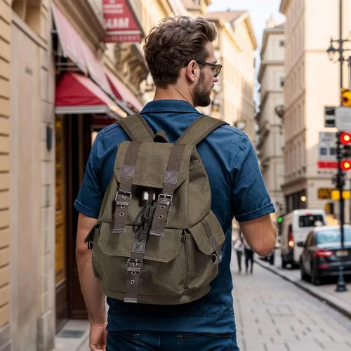 Vista 7 de Mochila de lona vintage para hombres y mujeres, mochila casual duradera, mochila de viaje de gran capacidad para senderismo y uso diario (verde)