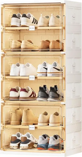 Vista 16 de JEKO&JEKO Zapatero plegable de 4 niveles para entrada de armario, caja de almacenamiento de zapatos plegable grande con puertas magnéticas