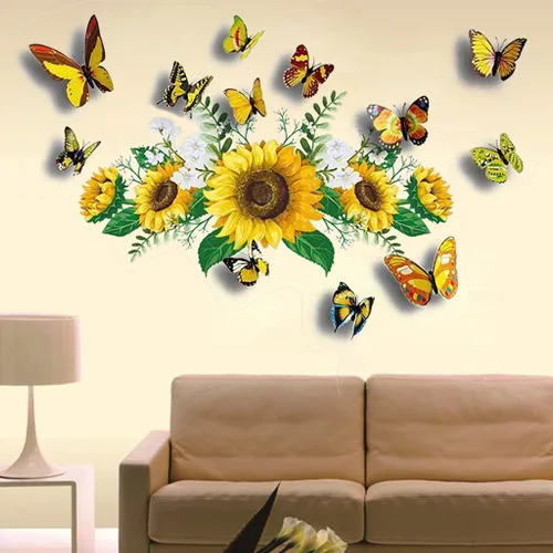 Vista 4 de Calcomanías de pared de girasol con mariposa 3D, calcomanías de pared de flores amarillas, SPRT impermeable y extraíble, calcomanías de pared