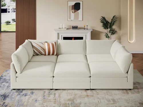 Vista 32 de VANOMi Sofá modular modular en forma de L de 98 pulgadas con otomana Beige
