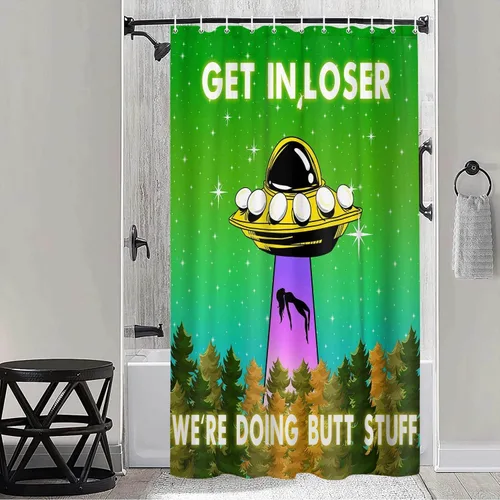 Vista 8 de MERCHR Funny UFO Shower Curtain for Bathroom, Unique Fun Alien Blue Space Starry Sky Forest Fabric Shower Curtains Set, Weird Restroom Decor