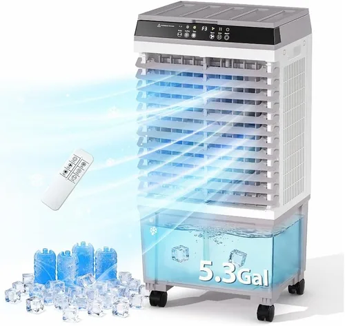 Vista 10 de Enfriador de aire evaporativo portátil, ventilador de torre de enfriamiento de pantano 2 en 1 con control remoto, 4 paquetes de hielo, oscilación