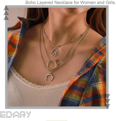 Vista 5 de Edary - Collar estilo bohemio escalonado con dije de luna y mapa, joyas para mujeres y niñas
