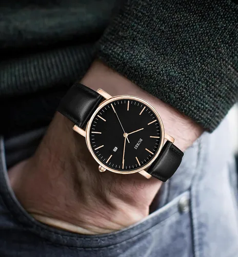 Vista 4 de BUREI - Reloj de pulsera analógico para hombre con fecha y correa de piel