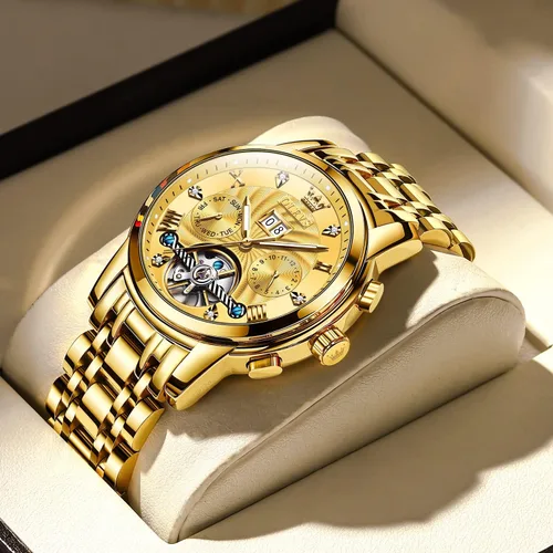 Vista 34 de OLEVS Relojes automáticos para hombre, oro de lujo, vestido de diamantes de cuerda automática, esqueleto mecánico, Tourbillon, reloj de pulsera