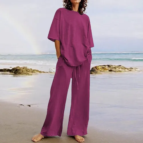 Vista 34 de Conjuntos de verano de 2 piezas para mujer, conjuntos elegantes y casuales de color liso, para verano, otoño, cuello redondo, tops y pantalones