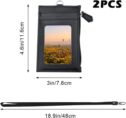 Vista 7 de Paquete de 2 portatarjetas de piel sintética con bolsillo con cremallera, cartera con cordón, tarjetero para tarjetas de identificación con 4 Negro