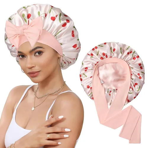 Vista 10 de Gorro de satén de seda para dormir, gorro de seda de doble capa con banda elástica para cabello rizado