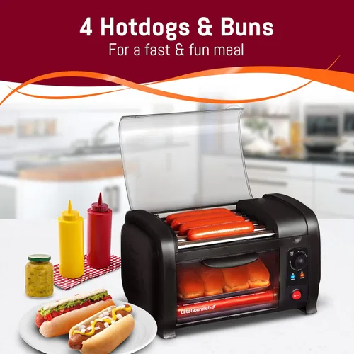 Vista 6 de Elite Gourmet EHD-051BX Horno Tostador para Hot Dog, Temporizador de 30 Minutos, Rodillos de Calentamiento de Acero Inoxidable, Bandeja para Migas