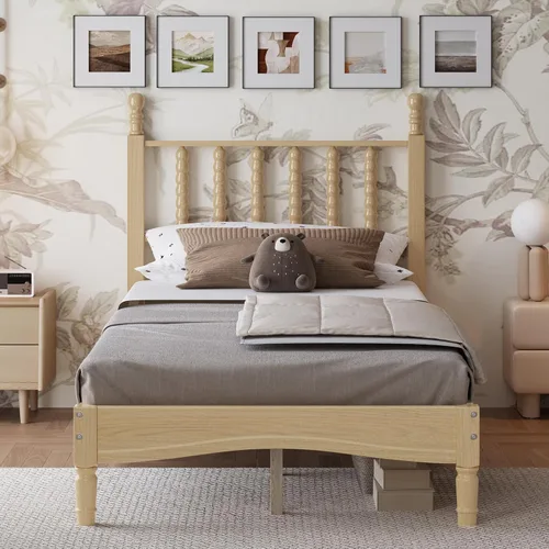 Vista 25 de JIVOIT Cama de plataforma de tamaño King con cabecera de 46.5 pulgadas de alto, marco de plataforma de madera de bambú maciza con listones de madera