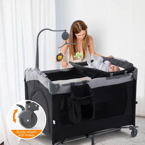 Vista 3 de Soobaby Cuna de bebé 5 en 1, cuna de noche, paquete y juega con moisés y cambiador, caja de música portátil de viaje, cuna de viaje portátil