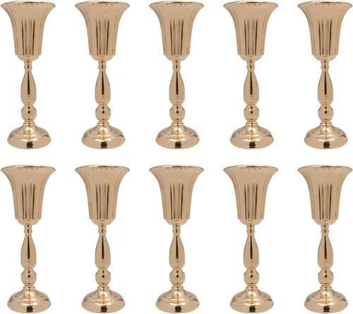 Vista 14 de Juego de 10 portavelas de metal dorado de 10.2 pulgadas de alto, florero, arreglo floral, candelabro, candelabro, portavelas para bodas, fiestas