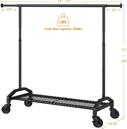 Vista 2 de Wiracks Perchero de Servicio Pesado para Colgar Ropa 350lbs Perchero de Ropa Ruedas Industriales de 3" 51 a 71" An x 16.53" Pr x 65" a 71" Al