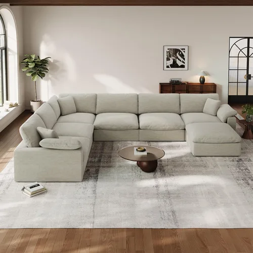 Vista 20 de Sofá modular Cloud para sala de estar, sofás de mezcla de lino en forma de L, modernos sofás de nube de asiento profundo, sofás seccionales Beige