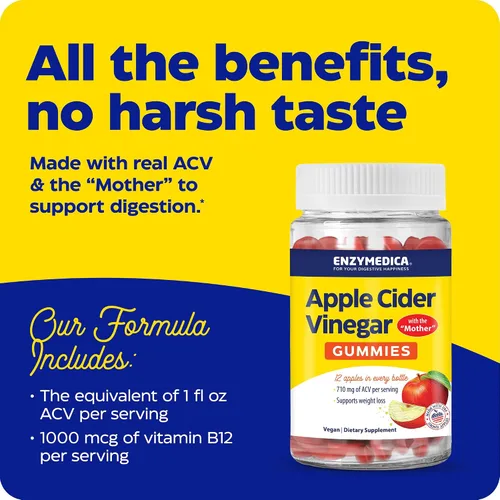 Vista 2 de Enzymedica Suplemento de vinagre de sidra de manzana para mujeres y hombres, gomitas de vinagre de sidra de manzana con madre, 1000 mcg de vitamina