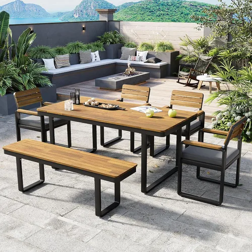 Vista 18 de RUNNA Juego de mesa de comedor de 6 piezas, juegos de muebles de exterior con agujero para paraguas, mesa rectangular de 71 pulgadas, sillas y banco