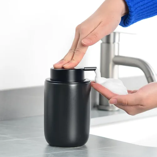 Vista 6 de BosilunLife Dispensador de jabón de manos de cerámica negra – Juego de dispensador de espuma y loción de 12 onzas para fregadero de cocina y baño