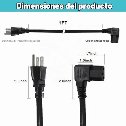 Vista 2 de Cable de alimentación de computadora en ángulo recto de 1 pie, enchufe NEMA 5-15 a cable de alimentación IEC C13, cable de alimentación universal