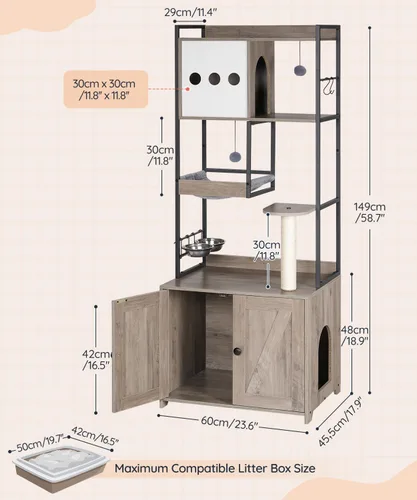 Vista 5 de HOOBRO Árbol para gatos con caja de arena, torre para gatos de 58.7 pulgadas de alto con muebles de caja de arena oculta, con poste rascador