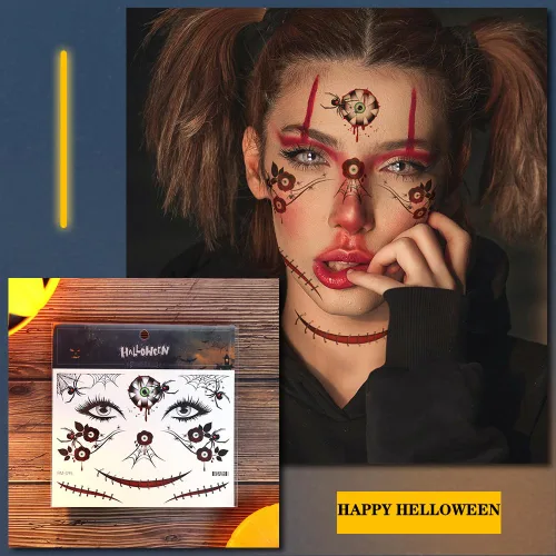 Vista 2 de Tatuajes temporales de Halloween, Día de los Muertos, calcomanías de tatuaje de ojos sangrientos, 10 hojas de tatuajes falsos para decoración