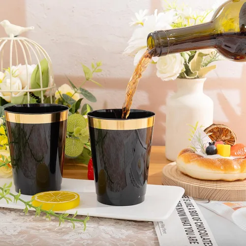 Vista 4 de supernal Paquete de 100 vasos de plástico negros y dorados, vasos 100 tazas negras y doradas de 10 onzas