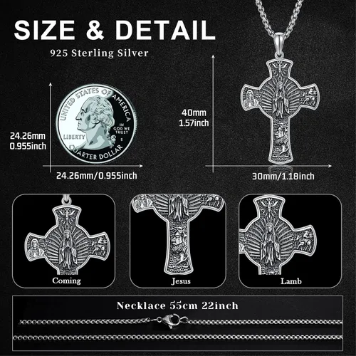 Vista 2 de StoryEtain 925 Sterling Silver Patron Saint Medals Amulet Protection Pandent Necklace Cross Faith Jewelry for Men(2.5mm 22"+2" Rolo Chain)