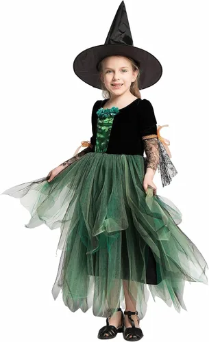 Vista 2 de Brcus Disfraz de bruja de Halloween para niñas, cuento de hadas, juego de rol, fiesta, disfraz de cosplay