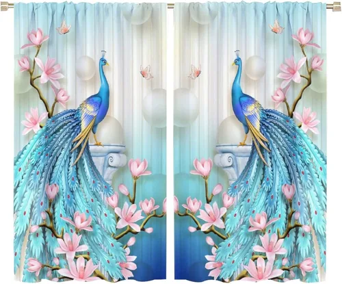 Vista 30 de Cortinas opacas de pavo real, hermoso patrón de estampado de flores de pavo real azul, estampado de mariposas y pavo real, juego de 2 paneles