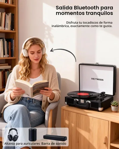 Vista 3 de Tocadiscos de vinilo con entrada y salida Bluetooth, tocadiscos portátil vintage de maleta, tocadiscos LP de 3 velocidades con conversión de vinilo