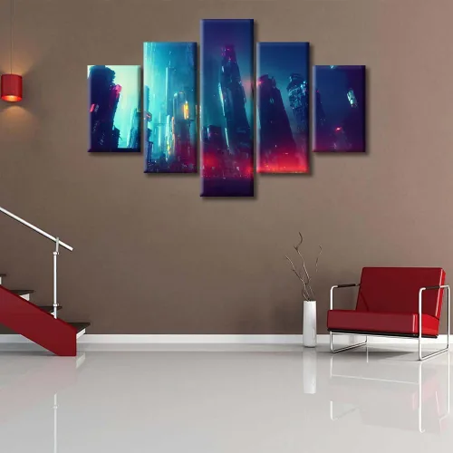 Vista 83 de Cuadros de 5 paneles de Cyberpunk City, arte de pared, representación de vallas publicitarias, edificios modernos en la capital con obras de arte