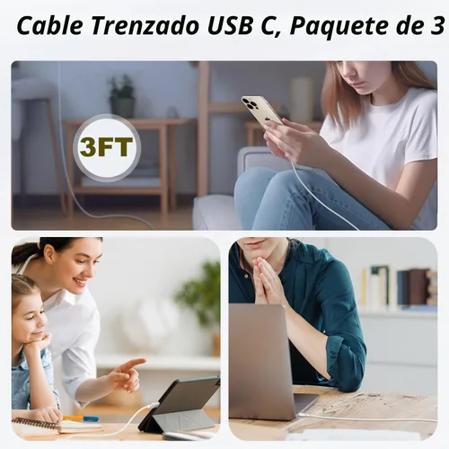 Vista 6 de Paquete de 3 cargadores USB C para iPhone 17 de carga rápida, cargador de pared de puerto tipo C de 20 W con cable trenzado USB C a C, compatible