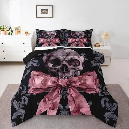 Vista 28 de Juego de edredón de polilla de la muerte, juego de ropa de cama tamaño individual, diseño de calavera gótica, flores botánicas, juego de edredón