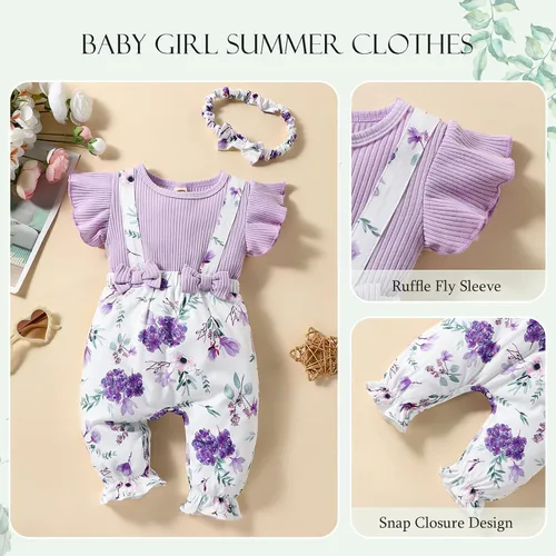 Vista 4 de ROSEBEAR Baby Girl Clothes Romper Jumpsuit Newborn Short Sleeve Ruffle Floral Suspender Pants Headband Summer Infant Outfit