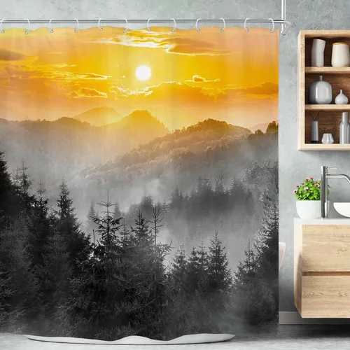 Vista 20 de Riyidecor - Cortina para ducha pequeña de montaña, 36 pulgadas de ancho x 72 pulgadas de alto, para RV, azul marino, con diseño de bosque nebuloso