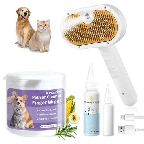 Vista 11 de Cepillo de vapor para mascotas para perros y gatos – Peine de depilación en aerosol 3 en 1 para quitar pelo y aseo, suaviza la piel y reduce