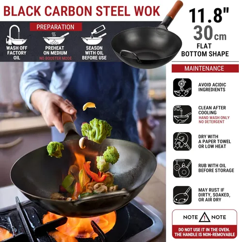 Vista 3 de YOSUKATA Wok de acero al carbono – Woks y sartenes de 11,8 pulgadas – Wok chino con fondo plano Pow Wok – Wok tradicional chino japonés – Wok negro