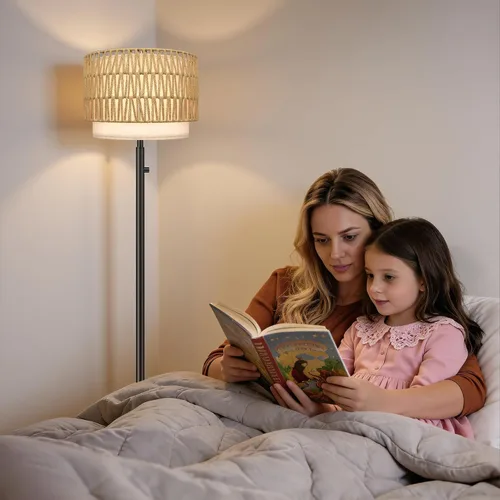 Vista 5 de Lámparas de pie para sala de estar, bombilla LED incluida, lámpara de pie regulable con pantalla de lino, lámpara de pie moderna con base de mármol